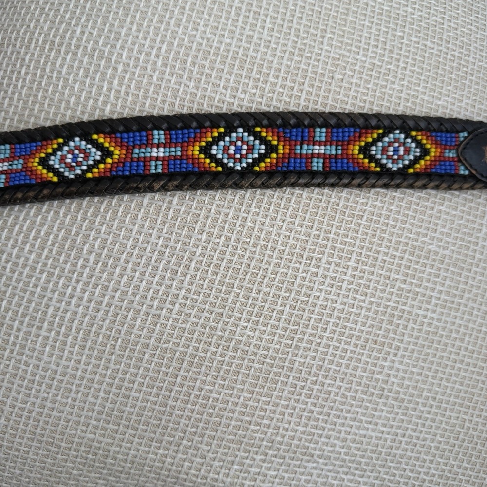 VTG Beaded Leather Belt Size 30 Southwestern Aztec Silver Buckle Country Western - Picture 2 of 16